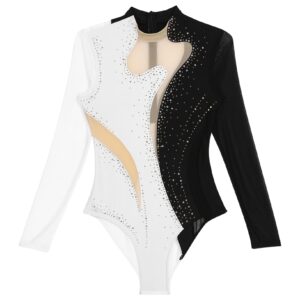 Yeahdor Women Ballet Dance Leotard Turtleneck Long Sleeve Gymnastics Leotards Rhinestone Bodysuit Tops Black&White Small