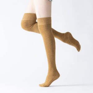 Verdancy Yoga Pilates Thigh High Socks with Grips for Women Non Slip Fleece Cushioned Over Knee Socks for Barre Ballet (Ginger Yellow)