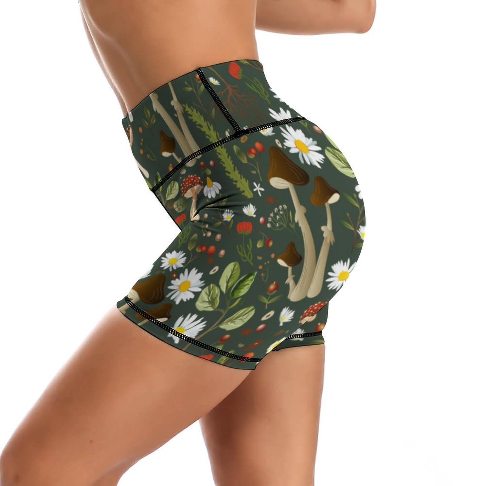 Green Flower Mushroom Daisy Camouflage Floral Women's High Waist Bike Shorts for Workout Sports Athletic Running Hiking Biker Yoga Gym XL Size