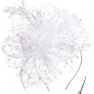 Fascinators for Women Tea Party Headband Kentucky Derby Hats Cocktail Flower Mesh Feathers Headwear Hair Clip for Wedding White