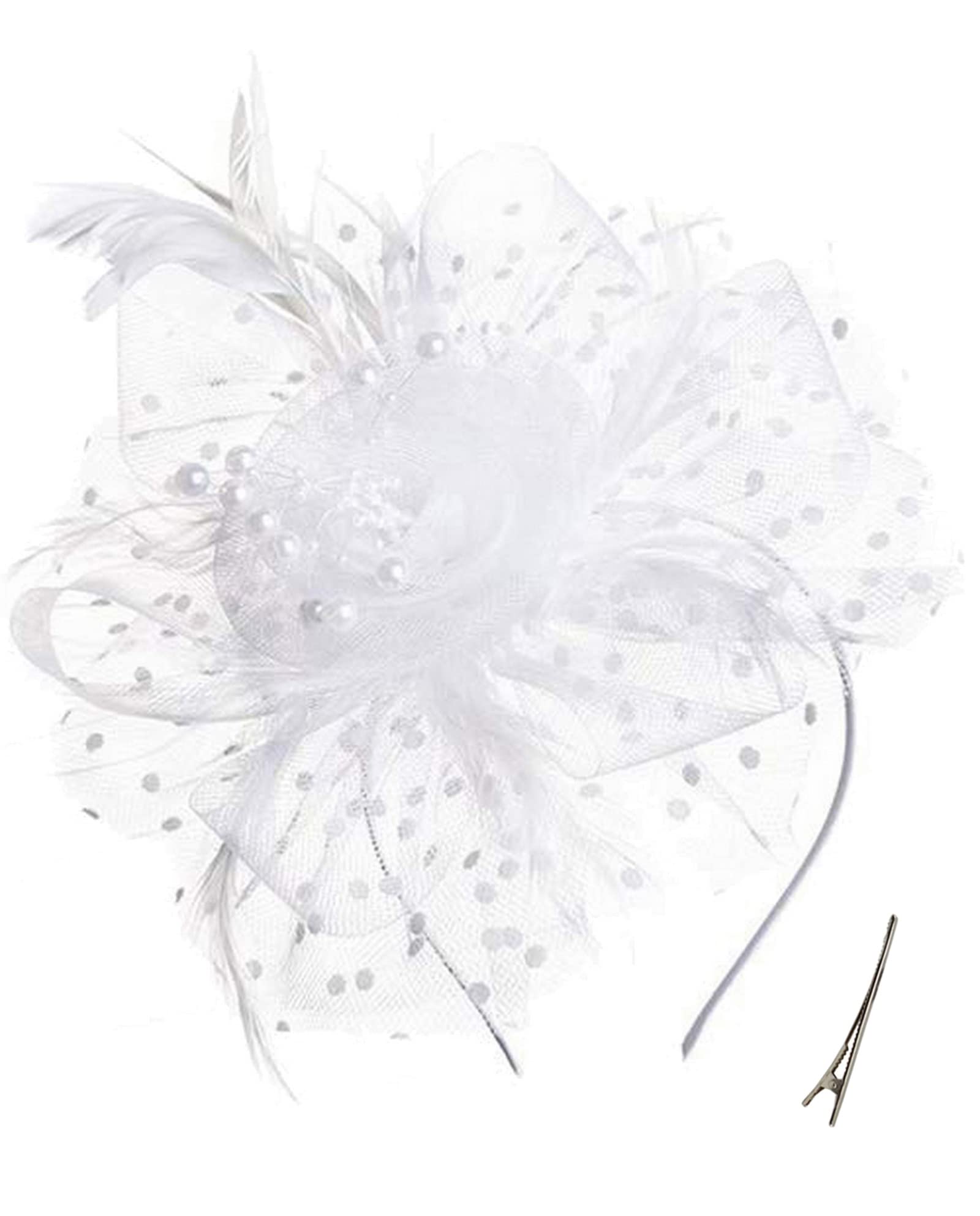 Fascinators for Women Tea Party Headband Kentucky Derby Hats Cocktail Flower Mesh Feathers Headwear Hair Clip for Wedding White