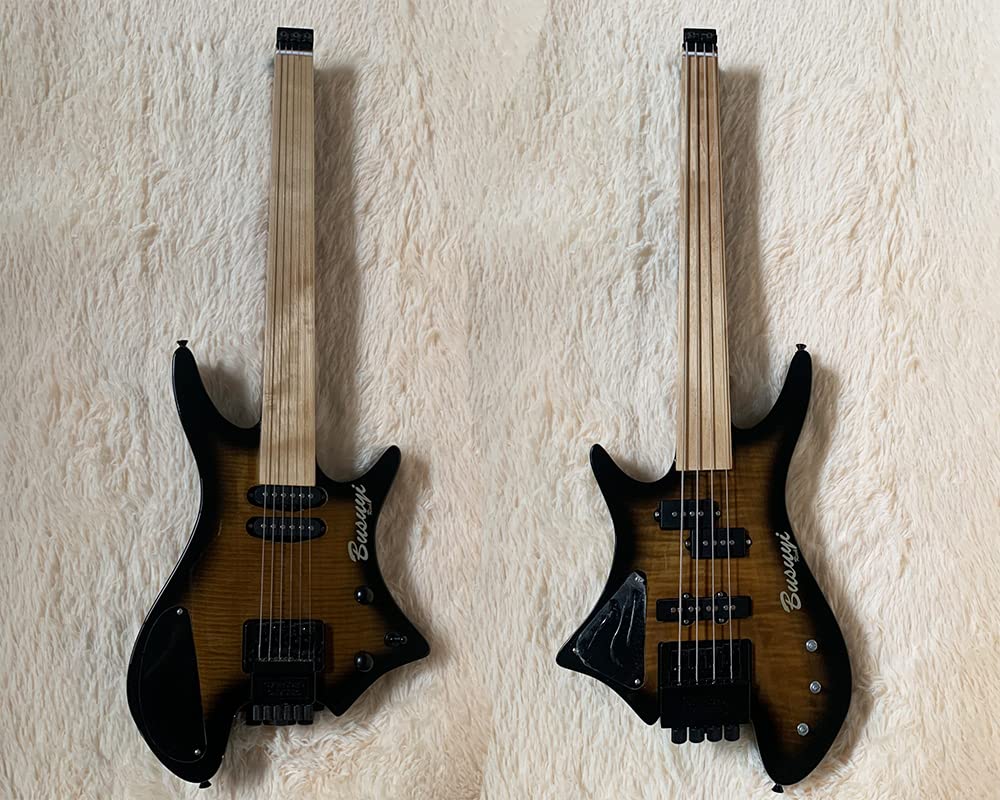 4 String Bass/ 6 String Lead Fretless Headless Tremolo Busuyi Guitar Right (Tiger Sunburst)