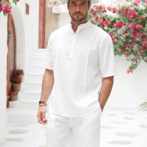 COOFANDY 2 Pieces Linen Outfits For Men White Short Sleeve Henley Shirt and Shorts Summer Beach Yoga Matching Sets