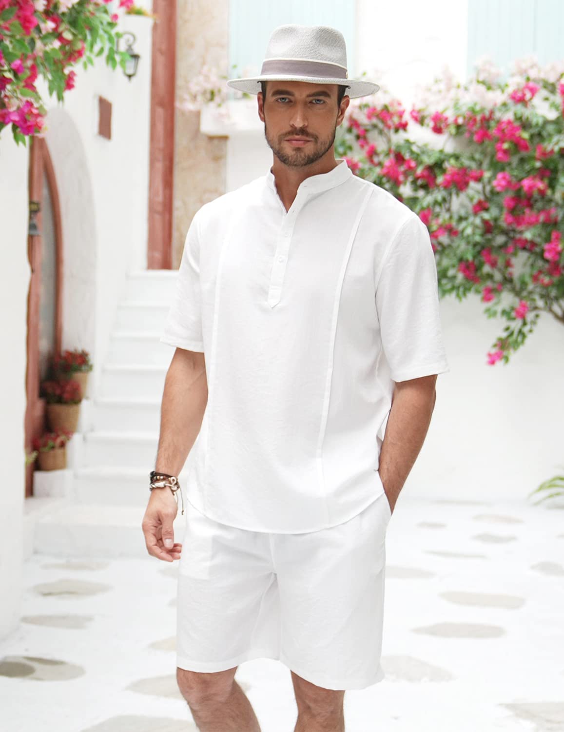 COOFANDY 2 Pieces Linen Outfits For Men White Short Sleeve Henley Shirt and Shorts Summer Beach Yoga Matching Sets