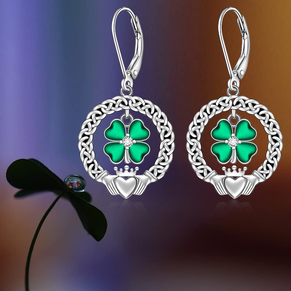 St Patricks Day Shamrock Earrings for Women Sterling Silver Four Leaf Clover Earrings Celtic Claddagh Irish Shamrock Dangle Green Lucky Jewelry Valentine Gifts