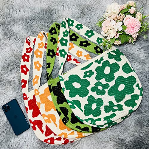 Women Aesthetics Crossbody Bag Crochet Fairycore Flower Bag Y2K Trendy Shopping Bag Knitted Tote Shoulder Bag (Dark green)