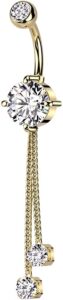 316l surgical steel double jeweled cz with 2 rope chain dangle belly button ring (gold)