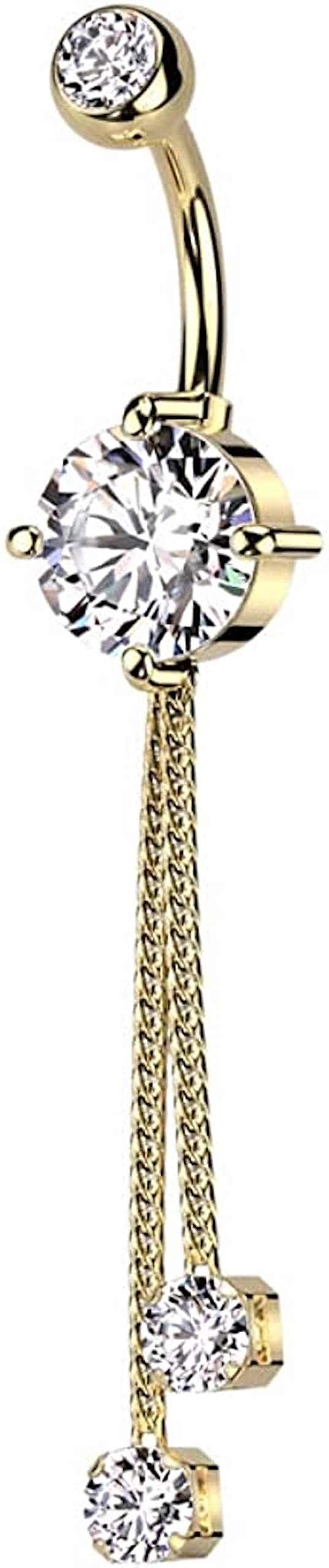 316L Surgical Steel Double Jeweled CZ With 2 Rope Chain Dangle Belly Button Ring (Gold)