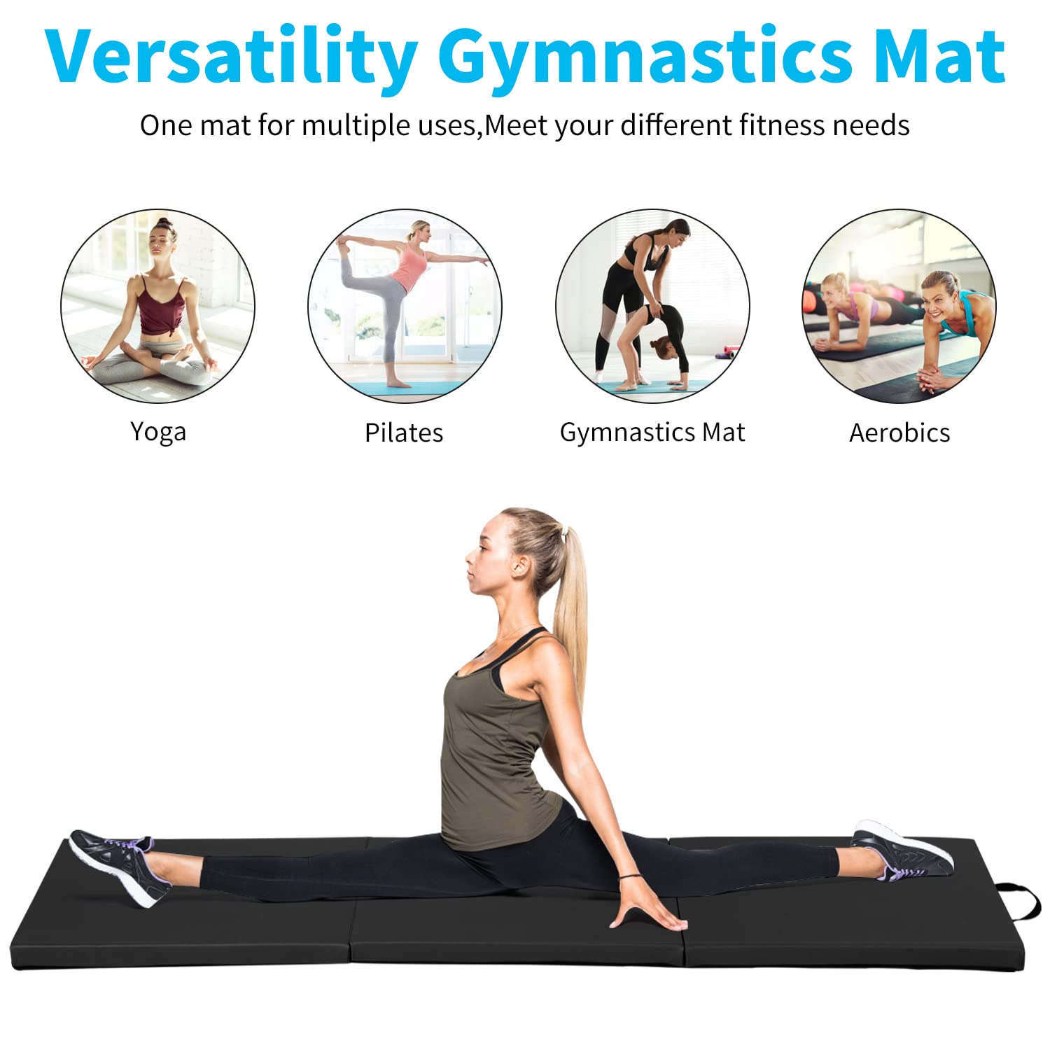 BLKMTY Gymnastics Mats 2'X6'X2'' Thick Folding Exercise Mat Tri-Fold Gym Mat Yoga Mat Aerobics Fitness Mat Kids' Gymnastics Tumbling Mat w/Carrying Handles for Home Exercise & Play, Black