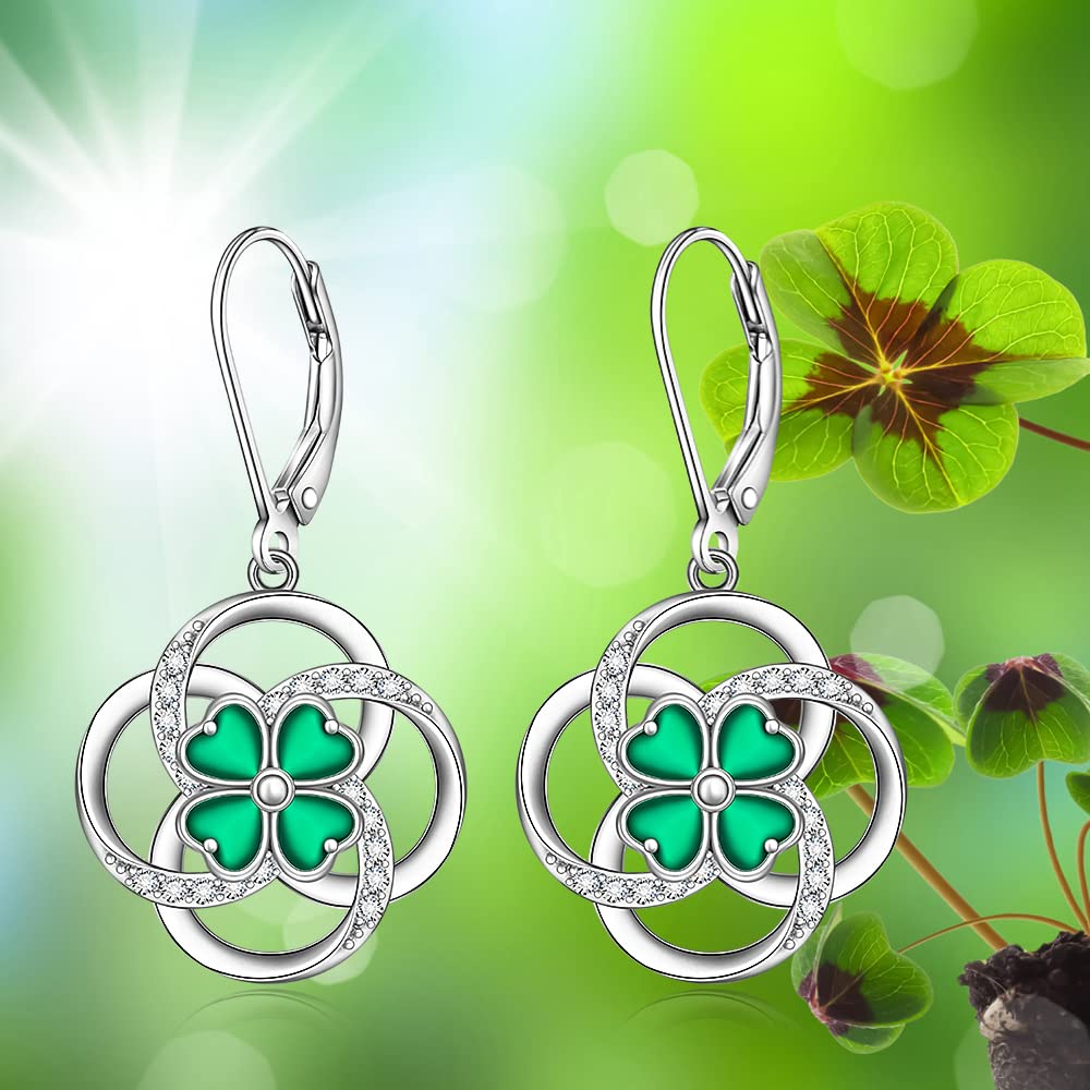 Shamrock Earrings for Women St Patricks Day Four Leaf Clover Earrings Dangle Sterling Silver 925 Celtic Knot Irish Shamrock Green Lucky Jewelry Gifts