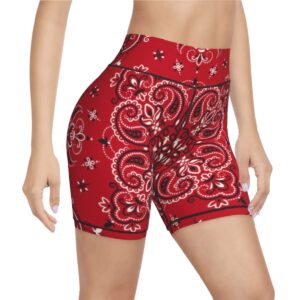 Red Bandanna Paisley Women's High Waist Bike Shorts for Workout Sports Athletic Running Hiking Biker Yoga Gym XL Size