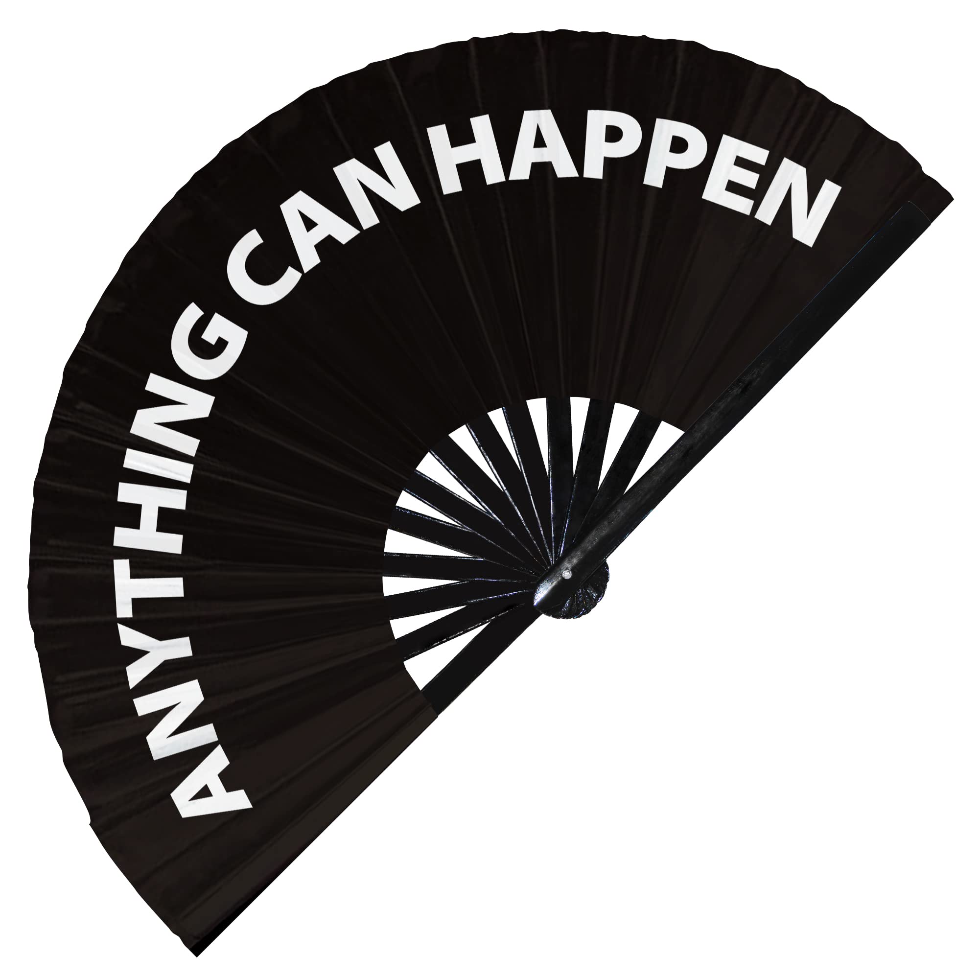 Anything Can Happen hand fan foldable bamboo circuit hand fan funny gag slang words expressions statement gifts Festival accessories Rave handheld Circuit event fan Clack fans (Black)