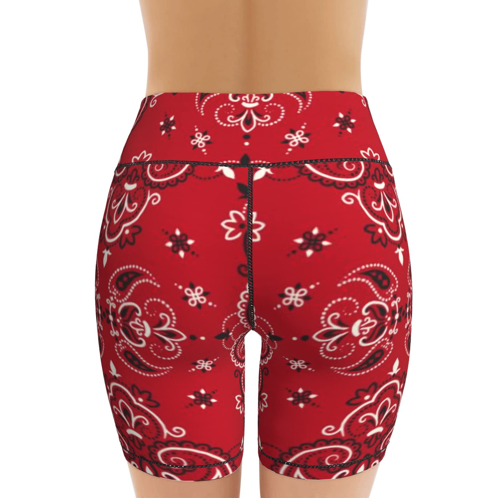 Red Bandanna Paisley Women's High Waist Bike Shorts for Workout Sports Athletic Running Hiking Biker Yoga Gym XL Size