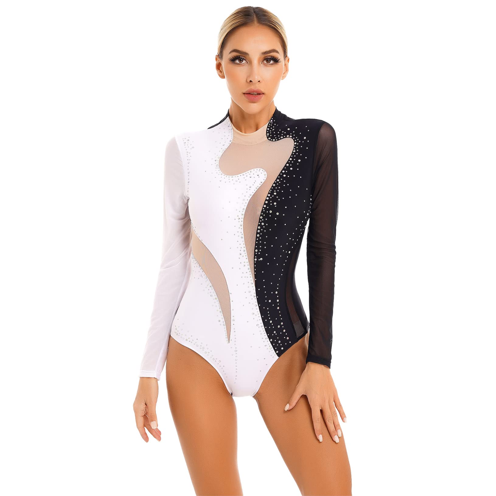 Yeahdor Women Ballet Dance Leotard Turtleneck Long Sleeve Gymnastics Leotards Rhinestone Bodysuit Tops Black&White Small