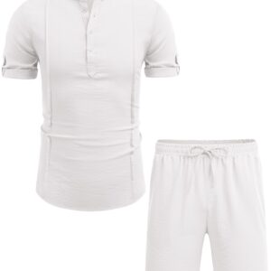 COOFANDY 2 Pieces Linen Outfits For Men White Short Sleeve Henley Shirt and Shorts Summer Beach Yoga Matching Sets