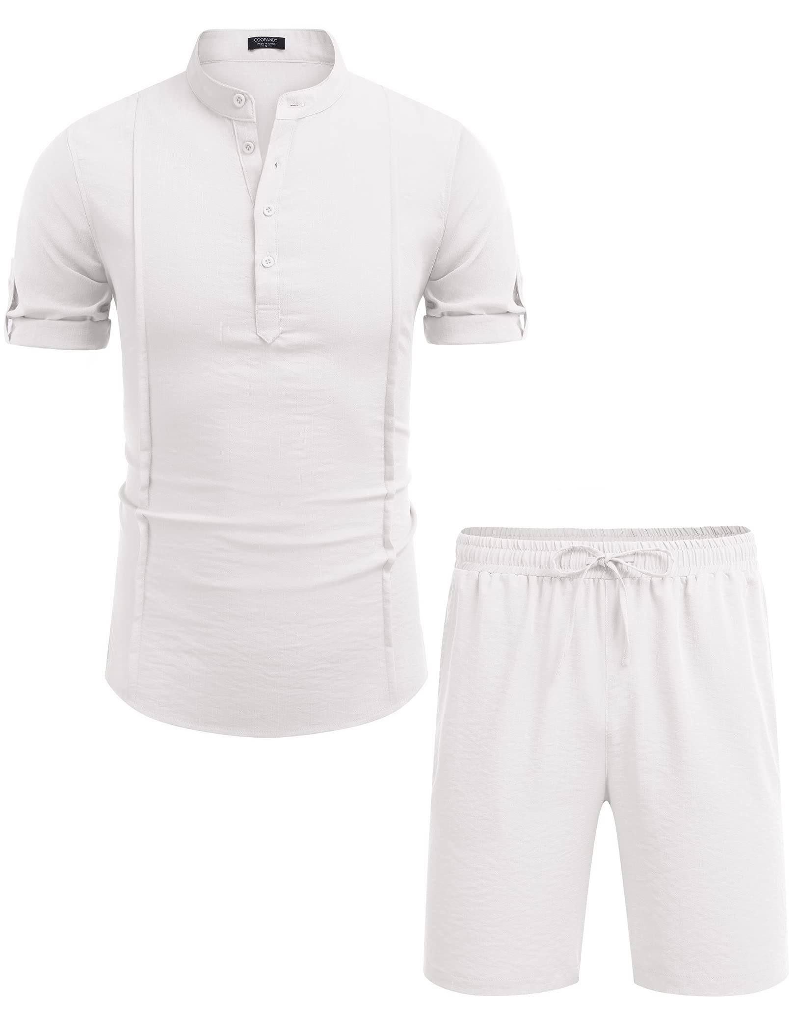 COOFANDY 2 Pieces Linen Outfits For Men White Short Sleeve Henley Shirt and Shorts Summer Beach Yoga Matching Sets