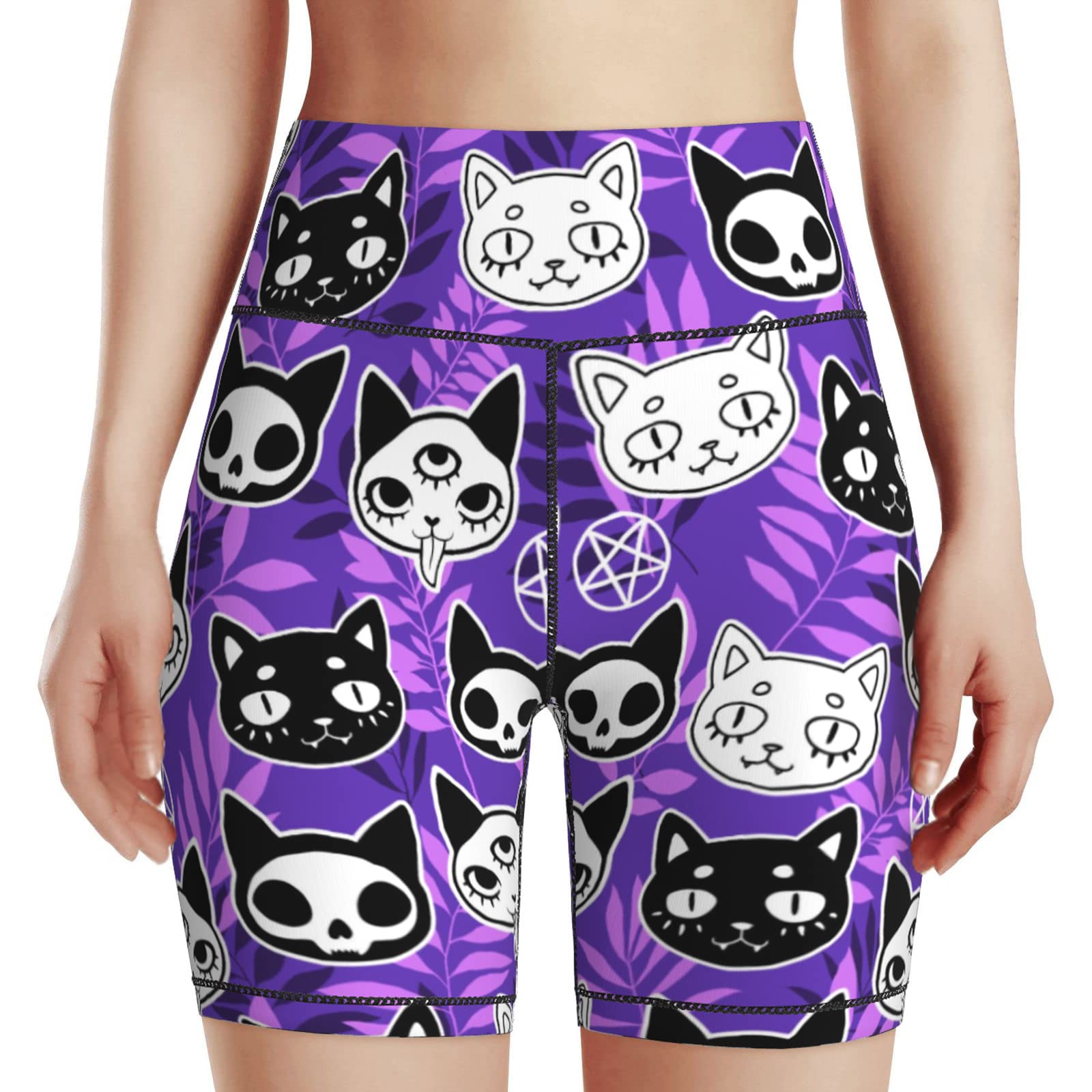 Purple Ghost Cat Witchy Women's High Waist Bike Shorts for Workout Sports Athletic Running Hiking Biker Yoga Gym Large Size