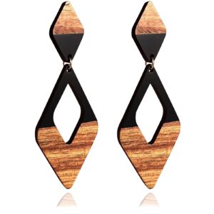 fiklon wooden earrings for women dangle african wood earrings for black women simple lightweight resin drop geometric statement jewelry (g-double rhomboid-black)