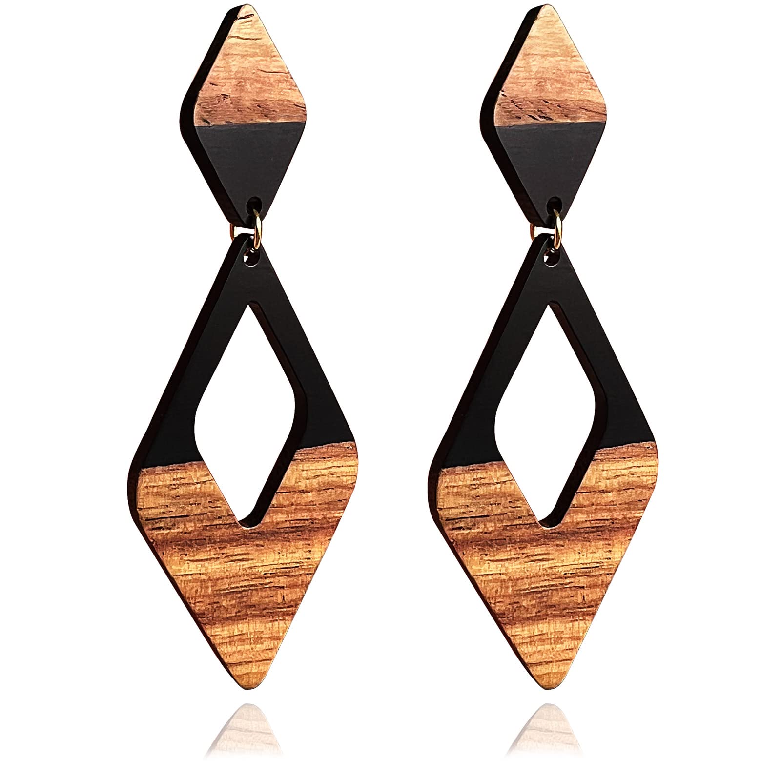 Fiklon Wooden Earrings for Women Dangle African Wood Earrings for Black Women Simple Lightweight Resin Drop Geometric Statement Jewelry (G-Double Rhomboid-Black)