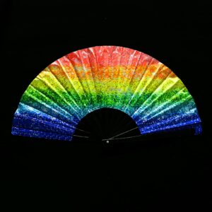 Hand Fans for Women Foldable,Large Folding Hand Rave Fan,Folding Hand Fan,Folding fan,Hand Fans,Pride Fan,Bamboo and Nylon-Cloth Folding Hand Fan,Folding Fan Dance Fan for Women Men (Glitter Rainbow)