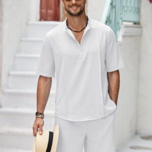 COOFANDY 2 Pieces Linen Outfits For Men White Short Sleeve Henley Shirt and Shorts Summer Beach Yoga Matching Sets