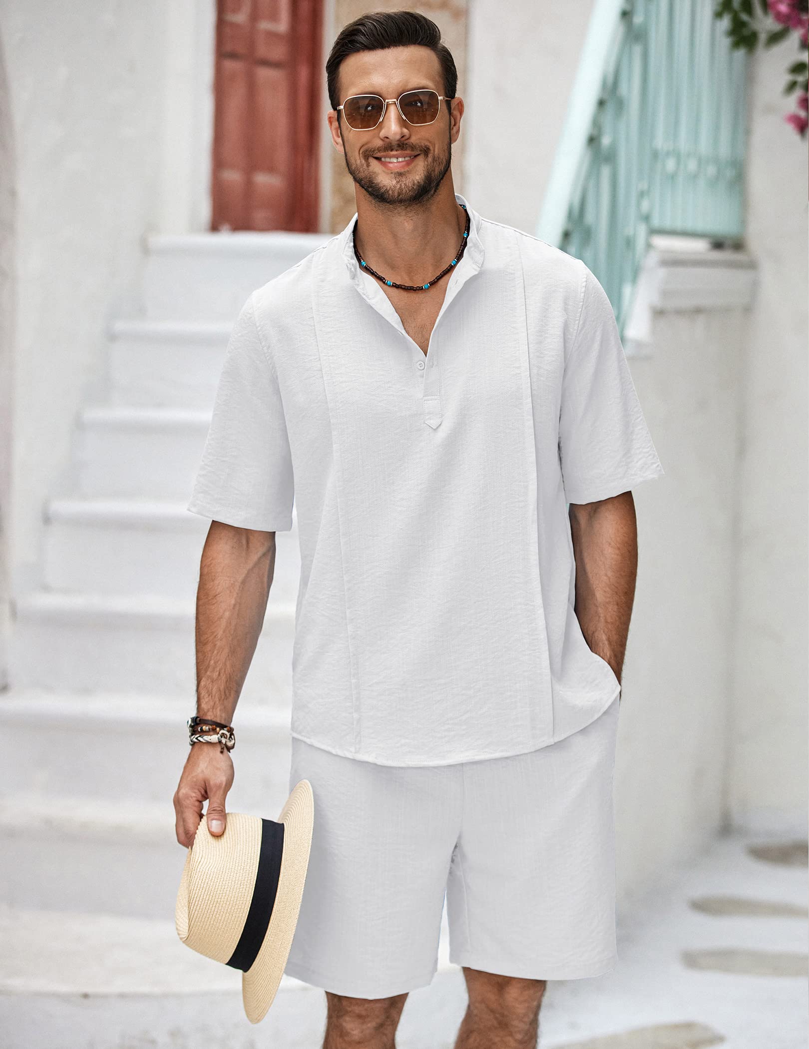 COOFANDY 2 Pieces Linen Outfits For Men White Short Sleeve Henley Shirt and Shorts Summer Beach Yoga Matching Sets