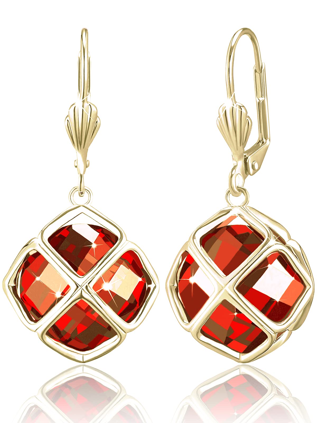 Big Dark Red Crystal Dangle Earrings for Women (Jan-Garnet-14K Gold)