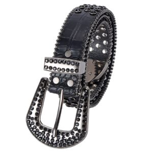 Rhinestone Belts for Men Women Bling Studded Belt With Metal Buckle Western Cowboy Punk Belt For Jeans Pants Jacket (Black-02, M Fit Waist:30-34inches（41.3" Length）)