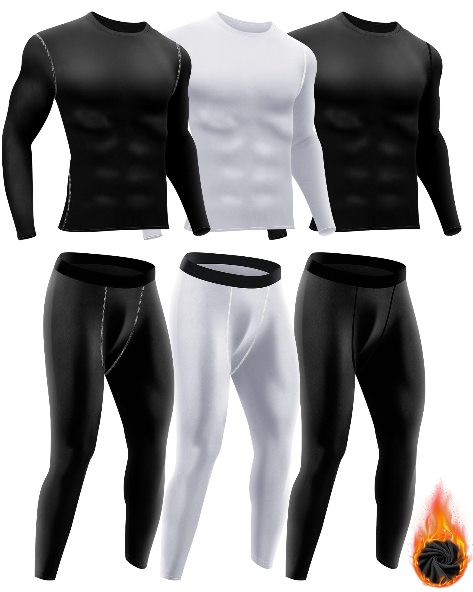 Didaey 3 Set Winter Thermal Underwear for Men Cold Weather Fleece Lined Top Bottom for Hunting Gear Sport(Black, Black Grey, White, X-Large)