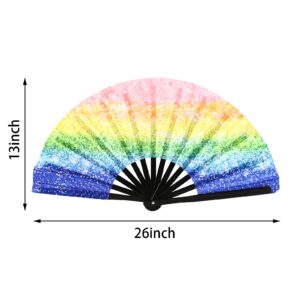 Hand Fans for Women Foldable,Large Folding Hand Rave Fan,Folding Hand Fan,Folding fan,Hand Fans,Pride Fan,Bamboo and Nylon-Cloth Folding Hand Fan,Folding Fan Dance Fan for Women Men (Glitter Rainbow)