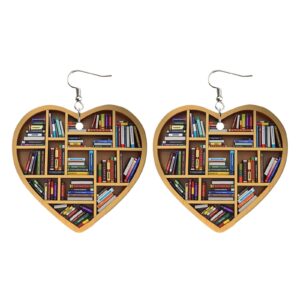 Book Lover Heart Shaped Bookshelf Earrings Acrylic Ornament Teal Hoop Earrings (One Size, C)