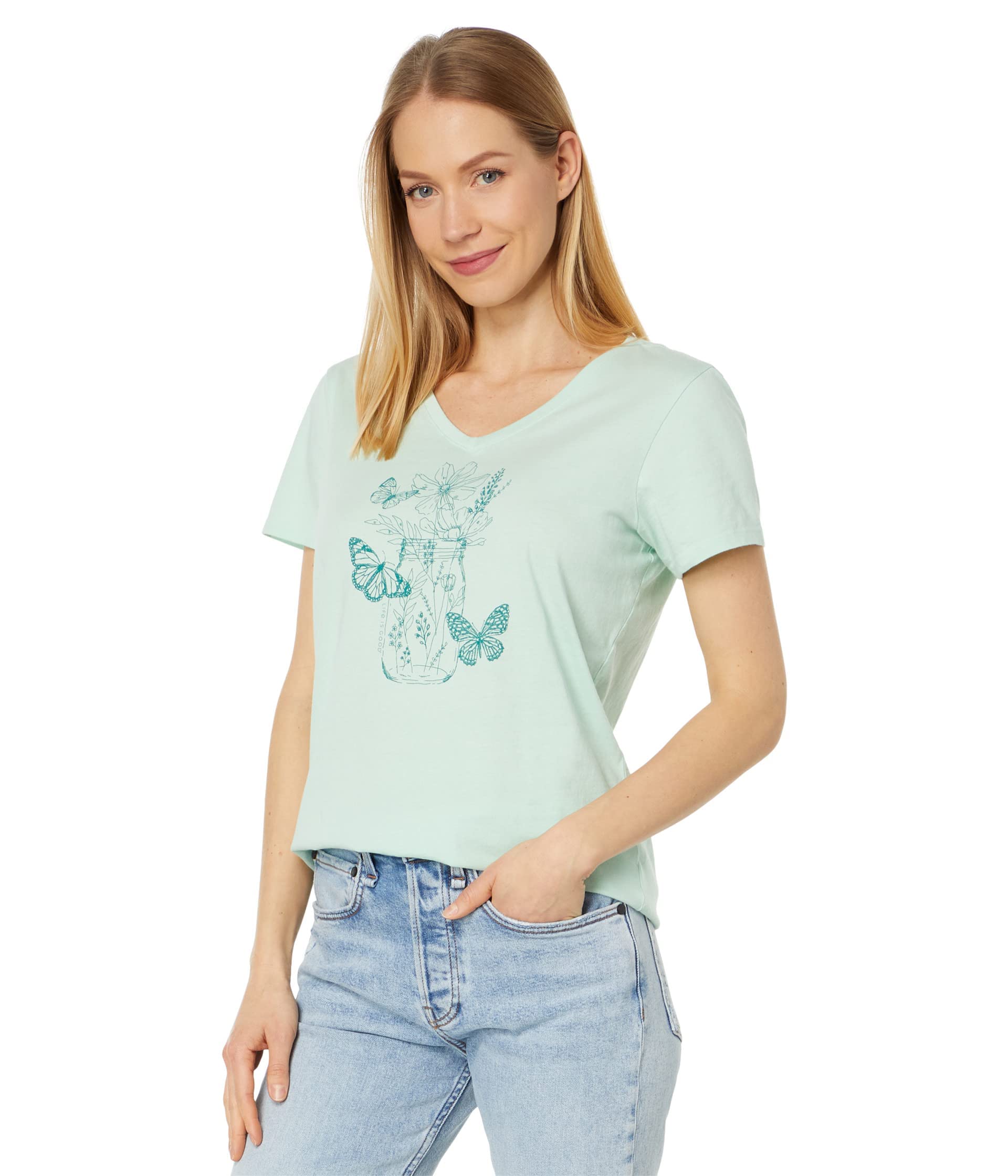 Life is Good Women's Wildflower and Butterflies Jar Short Sleeve Crusher-LITE Vee (X-Large, Sage Green)