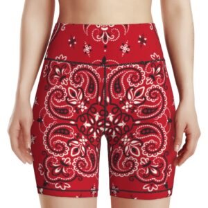 Red Bandanna Paisley Women's High Waist Bike Shorts for Workout Sports Athletic Running Hiking Biker Yoga Gym XL Size