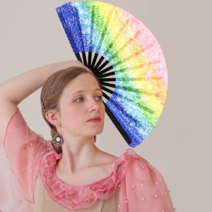 Hand Fans for Women Foldable,Large Folding Hand Rave Fan,Folding Hand Fan,Folding fan,Hand Fans,Pride Fan,Bamboo and Nylon-Cloth Folding Hand Fan,Folding Fan Dance Fan for Women Men (Glitter Rainbow)