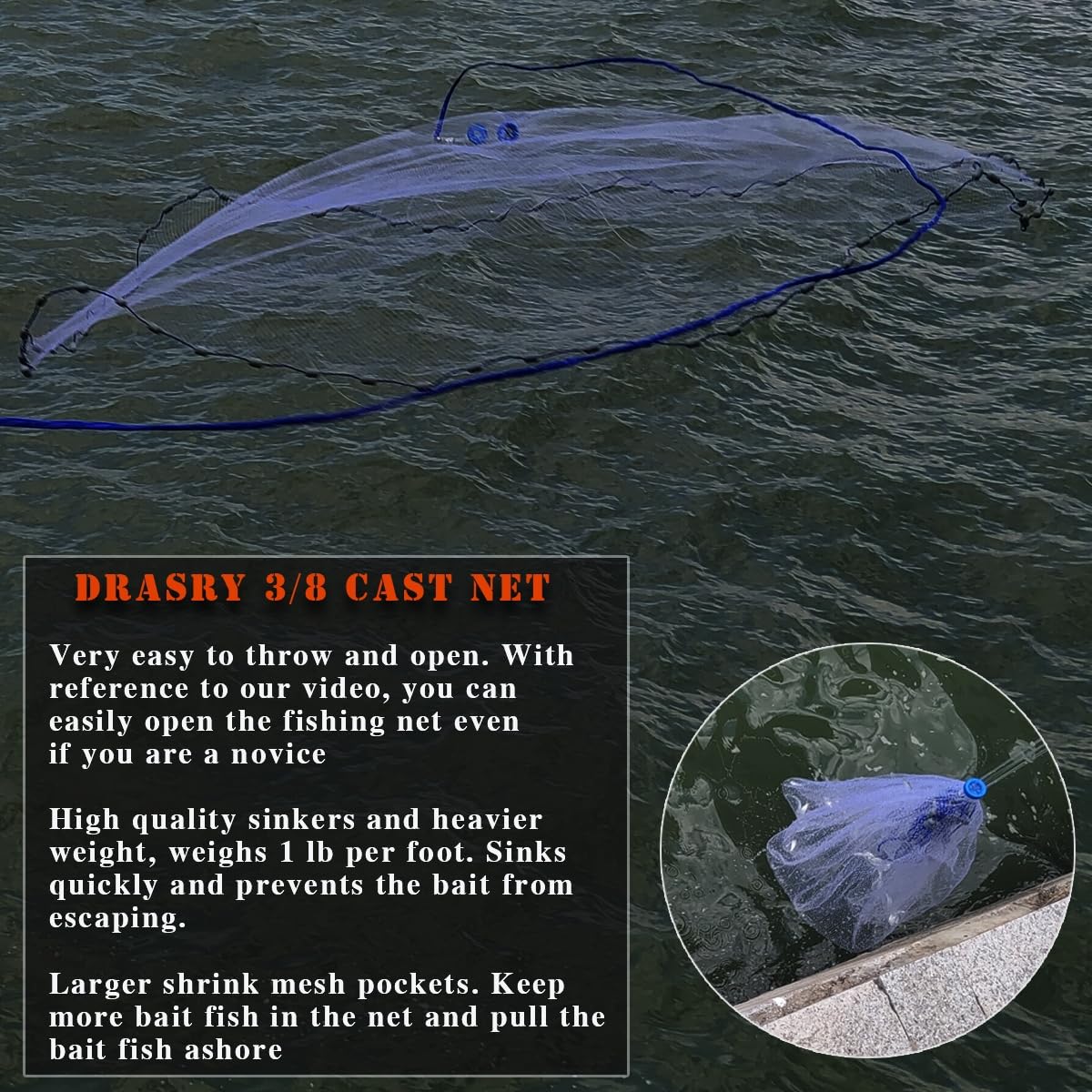 Drasry Saltwater Fishing Cast Net 3/8 and 1/4 Mesh with Heavy Duty Gray Sinker American Monofilament Fish Throw Net for Bait Trap 3FT 4FT 5FT 6FT 7FT 8FT 9FT Radius 3/8, 3FT Radius /90cm