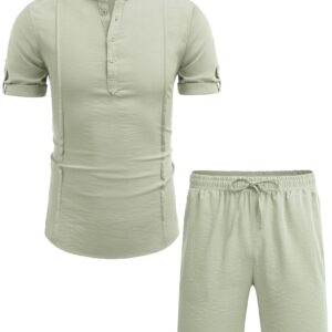 COOFANDY Linen Sets For Men 2 Pieces Henley Shirt Short Sleeve and Shorts With Pockets Sets Beach Yoga Matching Outfits