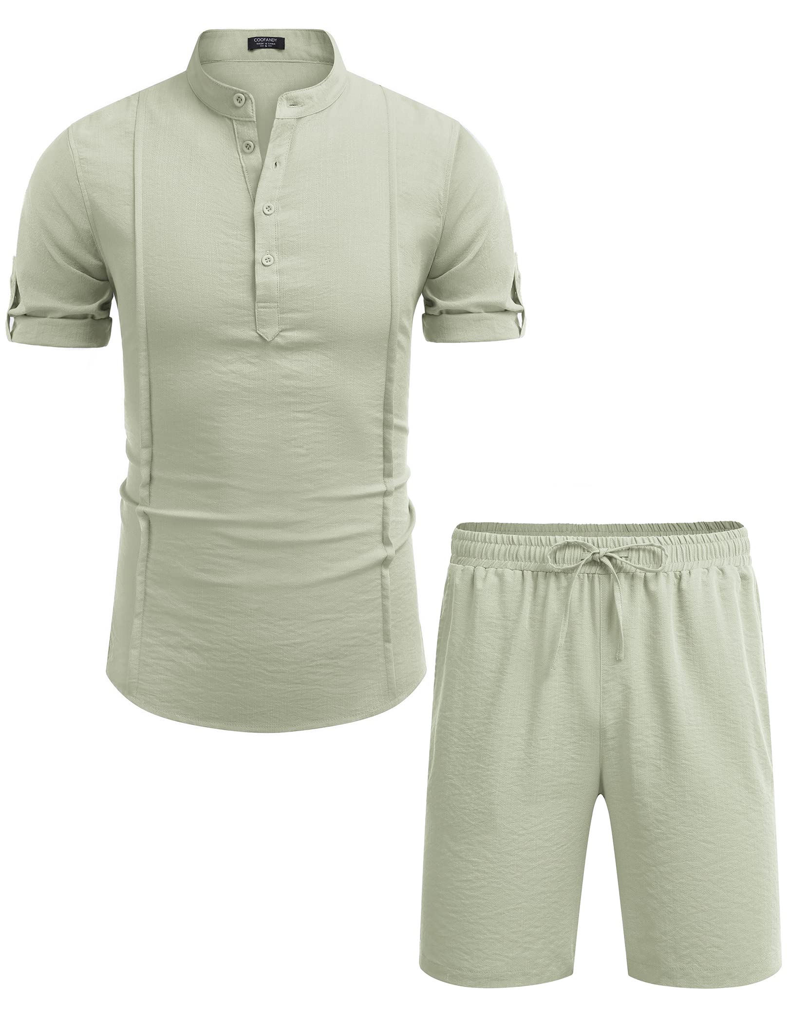 COOFANDY Linen Sets For Men 2 Pieces Henley Shirt Short Sleeve and Shorts With Pockets Sets Beach Yoga Matching Outfits