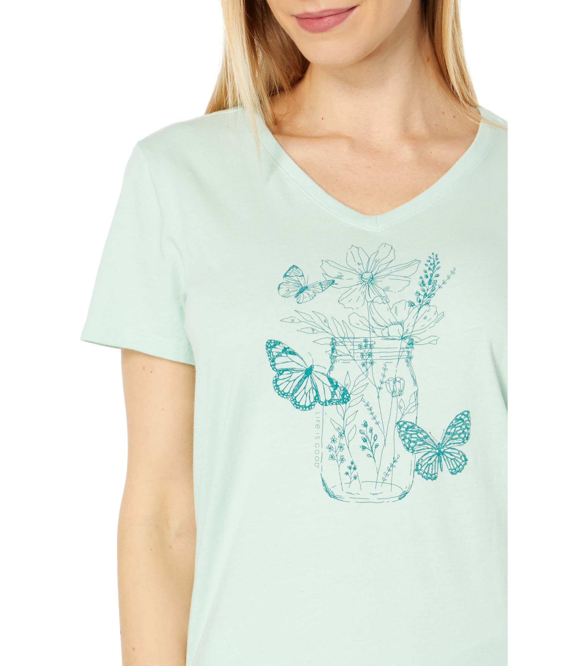 Life is Good Women's Wildflower and Butterflies Jar Short Sleeve Crusher-LITE Vee (X-Large, Sage Green)