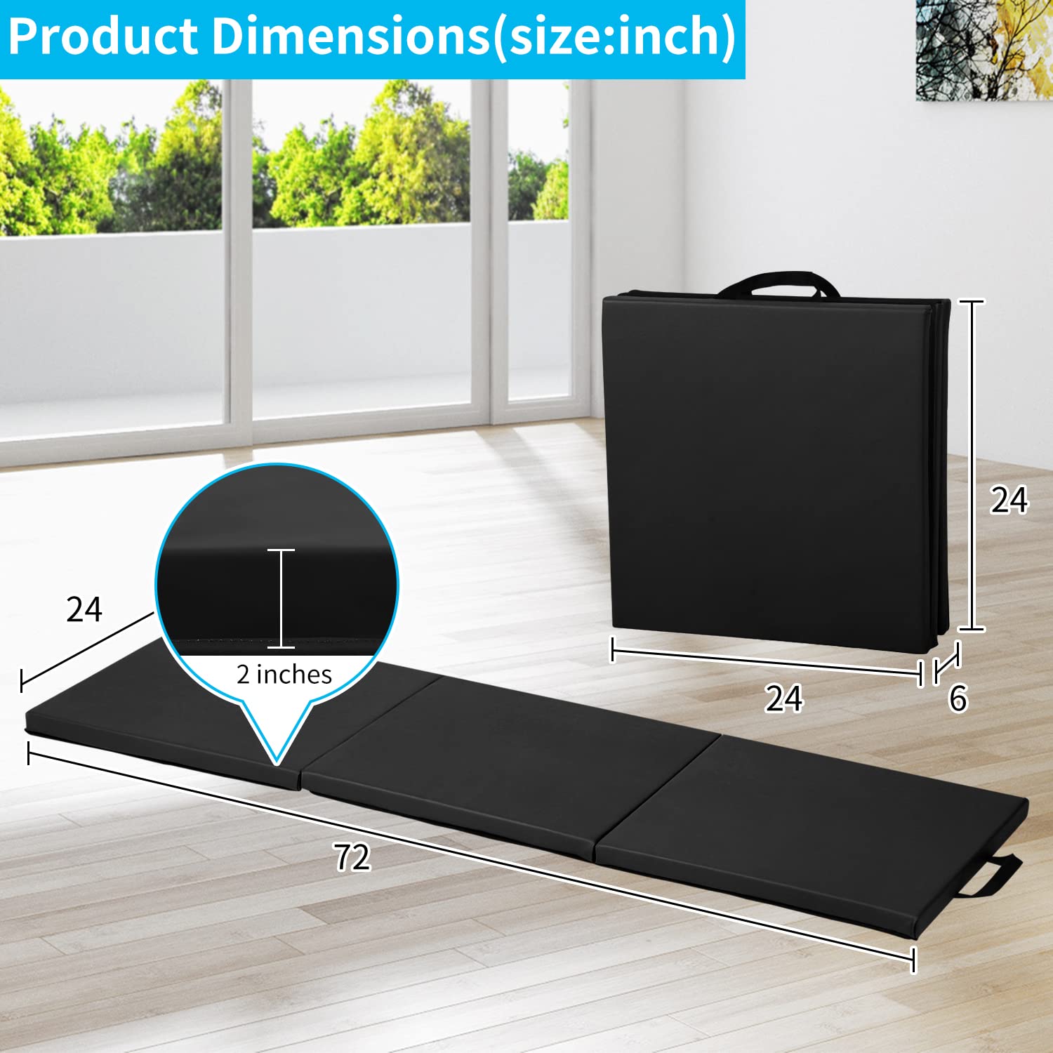 BLKMTY Gymnastics Mats 2'X6'X2'' Thick Folding Exercise Mat Tri-Fold Gym Mat Yoga Mat Aerobics Fitness Mat Kids' Gymnastics Tumbling Mat w/Carrying Handles for Home Exercise & Play, Black