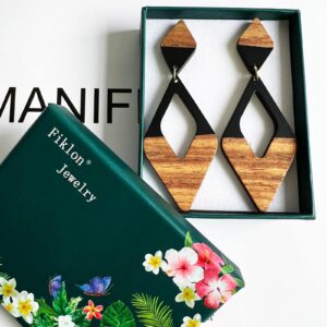 Fiklon Wooden Earrings for Women Dangle African Wood Earrings for Black Women Simple Lightweight Resin Drop Geometric Statement Jewelry (G-Double Rhomboid-Black)