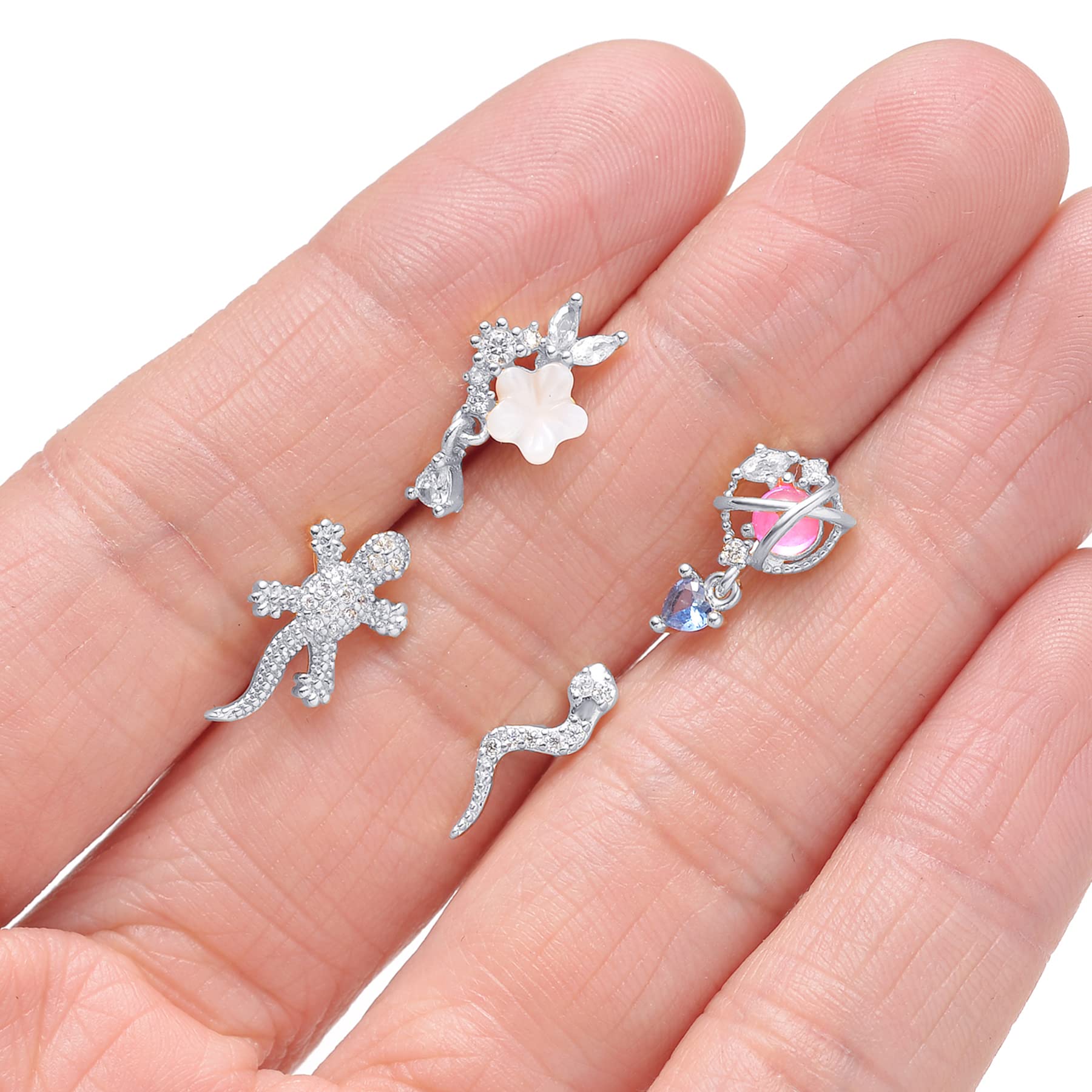 Tornito 12Pcs Dangle Nose Rings Stud L Shaped Nose Studs Flower Heart Arrow Feather Snake Gecko Snowflake Wing CZ Dangling Nose Piercing Jewelry for Women Men Silver Tone