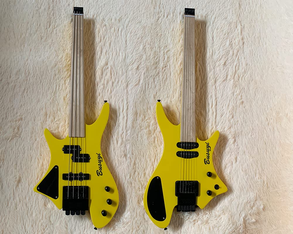 4 String Bass/ 6 String Lead Fretless Headless Tremolo Busuyi Guitar Right (Yellow)