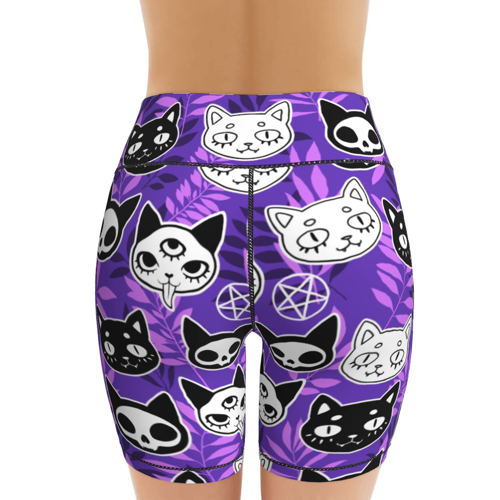 Purple Ghost Cat Witchy Women's High Waist Bike Shorts for Workout Sports Athletic Running Hiking Biker Yoga Gym Large Size