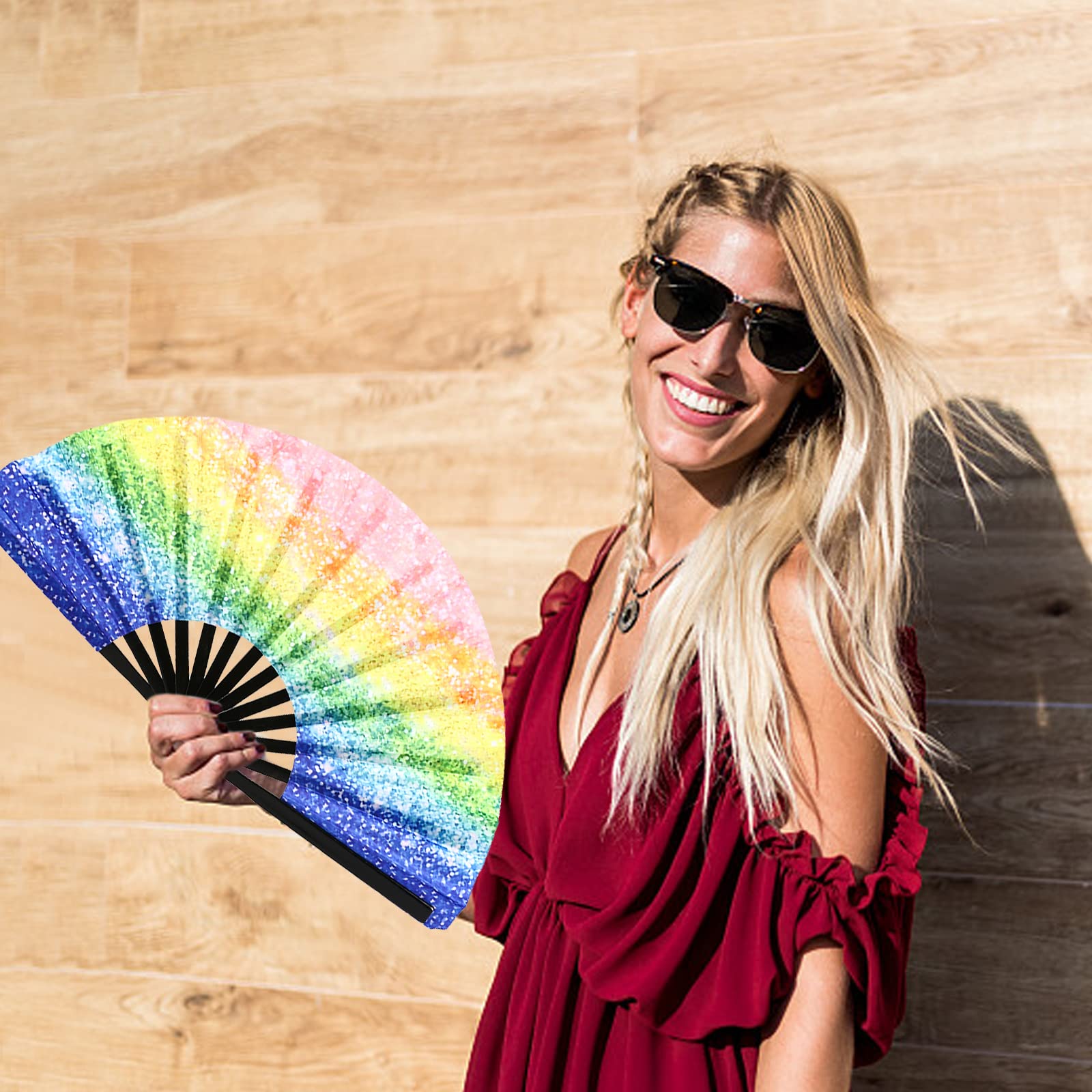 Hand Fans for Women Foldable,Large Folding Hand Rave Fan,Folding Hand Fan,Folding fan,Hand Fans,Pride Fan,Bamboo and Nylon-Cloth Folding Hand Fan,Folding Fan Dance Fan for Women Men (Glitter Rainbow)