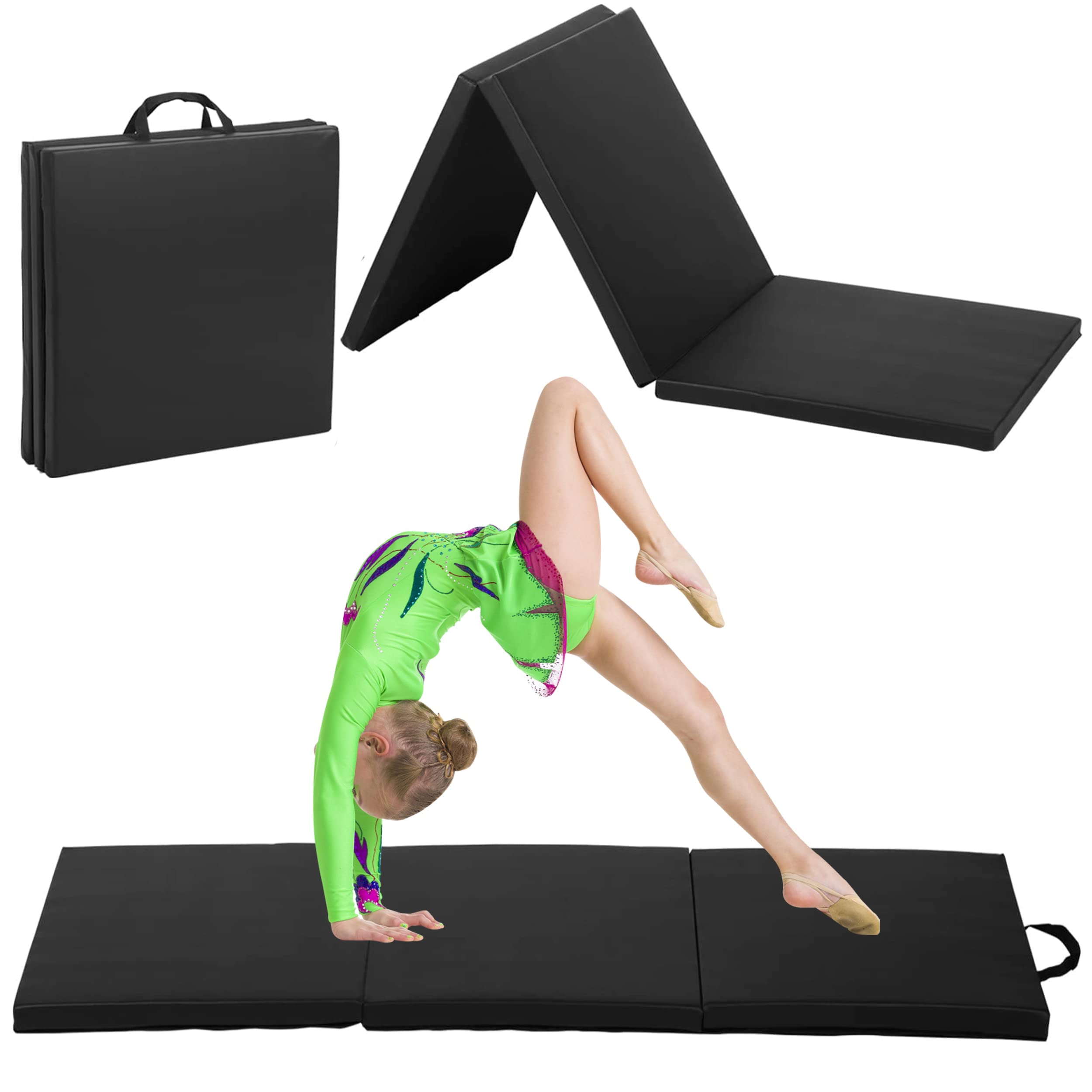 BLKMTY Gymnastics Mats 2'X6'X2'' Thick Folding Exercise Mat Tri-Fold Gym Mat Yoga Mat Aerobics Fitness Mat Kids' Gymnastics Tumbling Mat w/Carrying Handles for Home Exercise & Play, Black