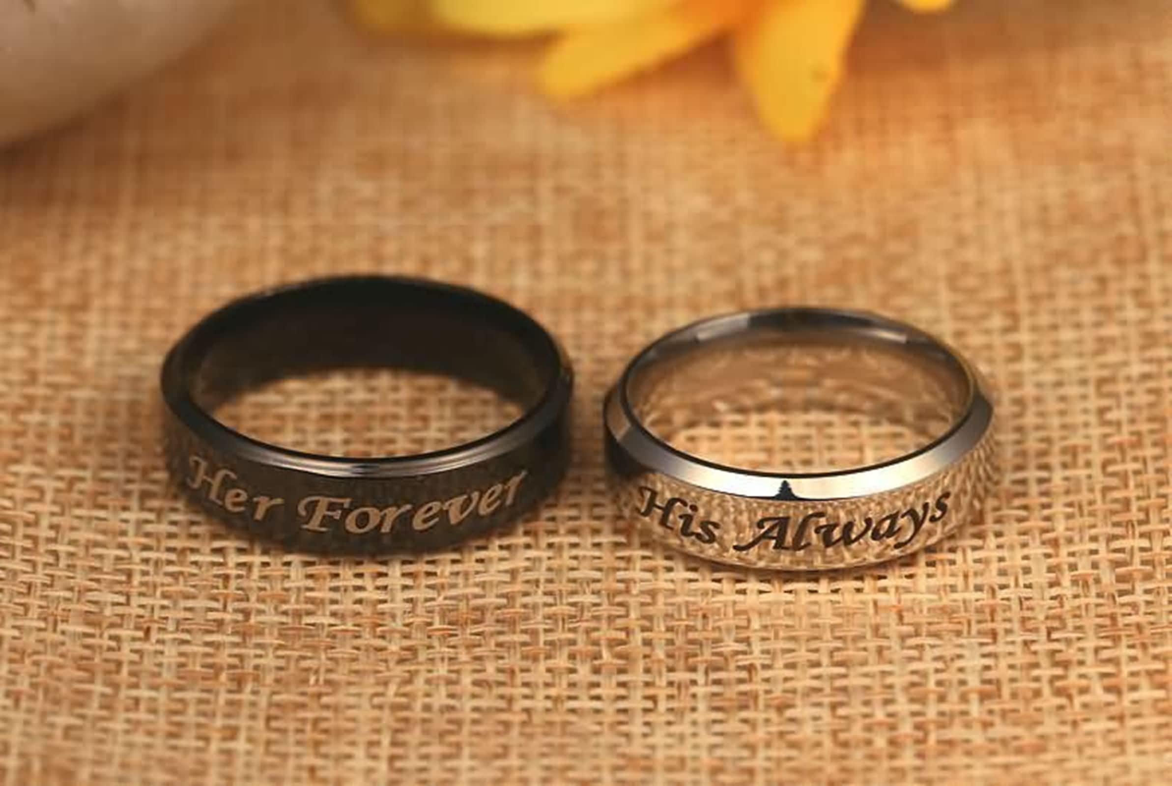 Homxi Promise Rings Engravable Couple Rings Wedding Bands,Stainless Steel Promise Rings Black Silver Ring with 6MM Her Forever His Always Rings Couples Size Women 8 + Men 8