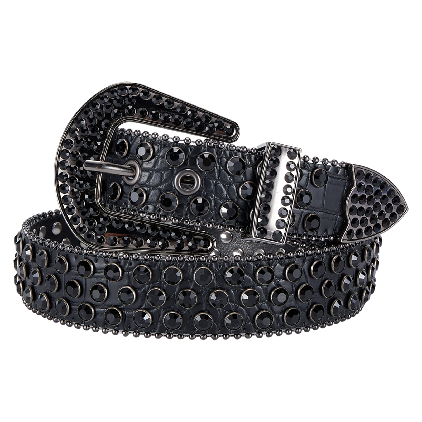 Rhinestone Belts for Men Women Bling Studded Belt With Metal Buckle Western Cowboy Punk Belt For Jeans Pants Jacket (Black-02, M Fit Waist:30-34inches（41.3" Length）)