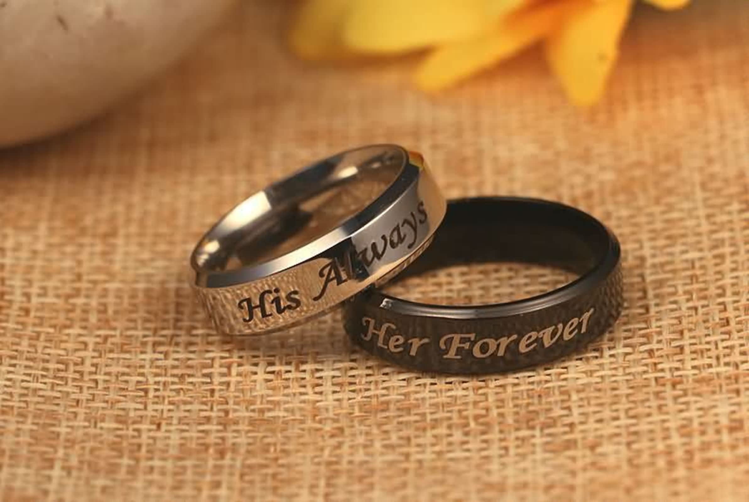 Homxi Promise Rings Engravable Couple Rings Wedding Bands,Stainless Steel Promise Rings Black Silver Ring with 6MM Her Forever His Always Rings Couples Size Women 8 + Men 8