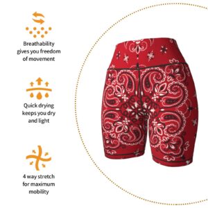 Red Bandanna Paisley Women's High Waist Bike Shorts for Workout Sports Athletic Running Hiking Biker Yoga Gym XL Size