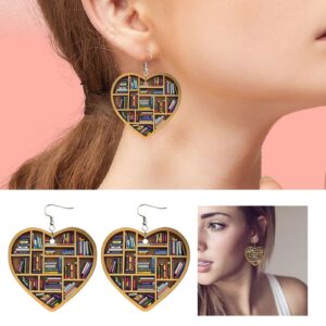 Book Lover Heart Shaped Bookshelf Earrings Acrylic Ornament Teal Hoop Earrings (One Size, C)